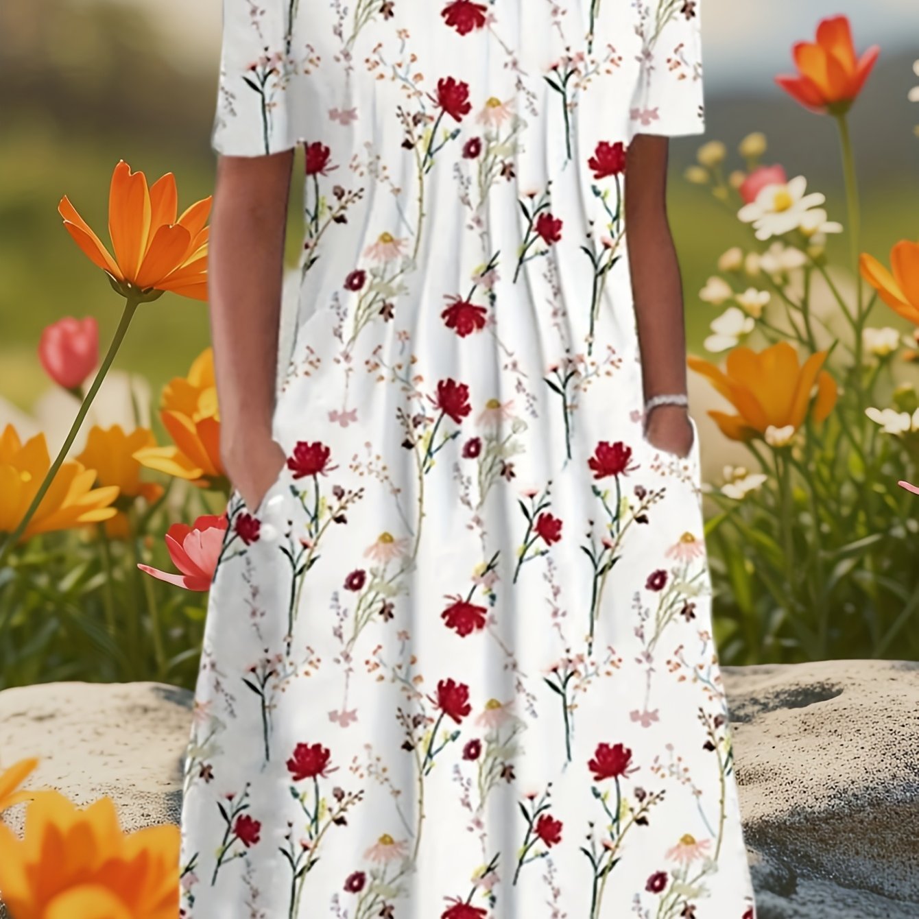 Floral Print Plus Size Pocket Casual Dress