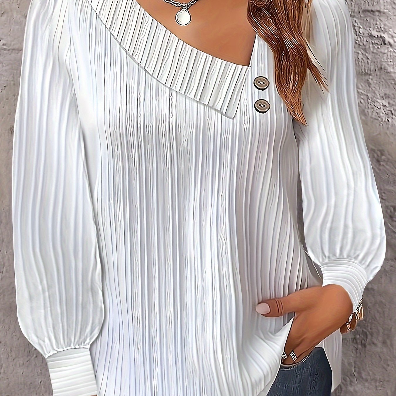 Chic Plus Size V-Neck Blouse Decorative Buttons Glossy  Top