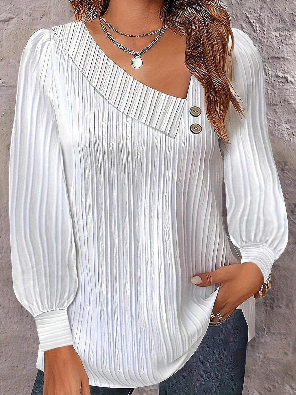 Chic Plus Size V-Neck Blouse Decorative Buttons Glossy  Top